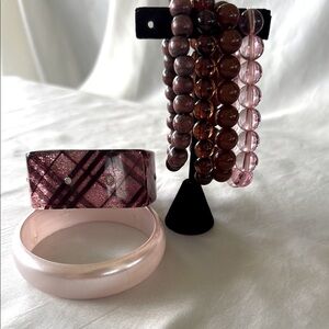 Pink & Brown Glitter Plaid and Pink Pearl Bangles w/4 Stretch Bracelets (6pcs)